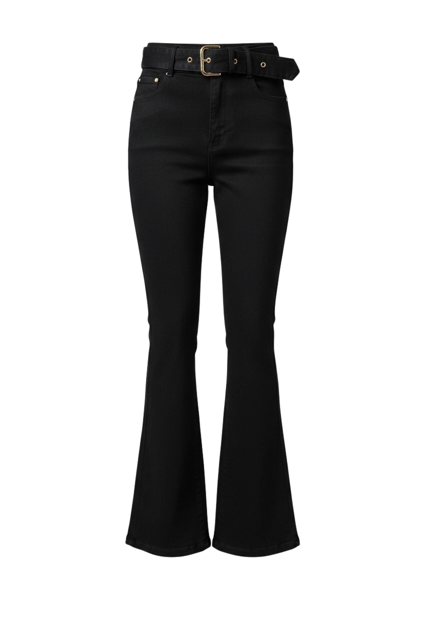 Ladies Flared Fit Jeans With Black Belt And Gold Buckle