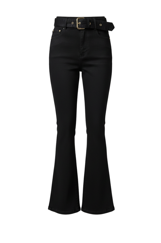 Ladies Flared Fit Jeans With Black Belt And Gold Buckle