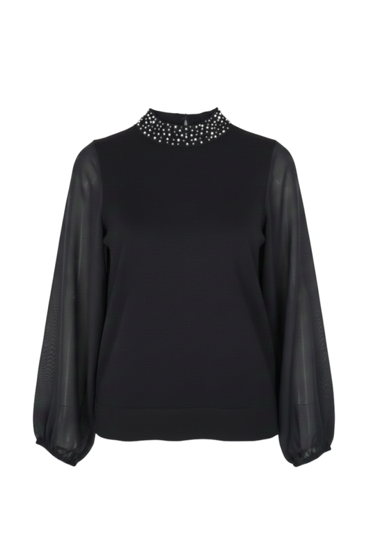 Ladies’ Embellished High Neck Top with Sheer Sleeves